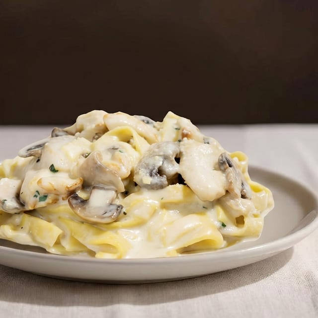 Fettuccine con Panna Chicken and Mushrooms.