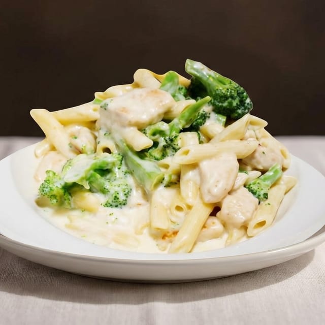 Chicken Regular Broccoli Ziti Alfredo Sauce.